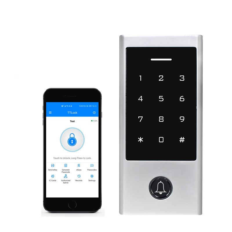 TTLock - BLE keypad - Wide - 12V. Lock controller is built into the keypad. Supports, PIN, Fob & App. Button can be connected to an external bell.
