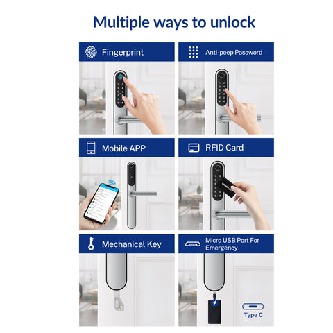 Slimline Fingerprint Smart Lock. Multipoint Compatible - Silver